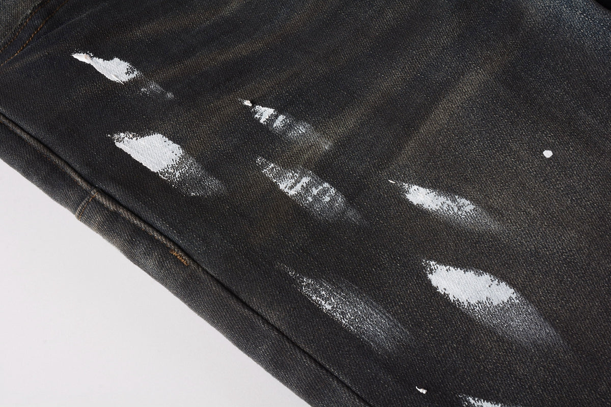 PURPLE Men Streetwear Skinny Jeans Dark Gray Wash with White Paint Splatter and Brush Strokes 9036