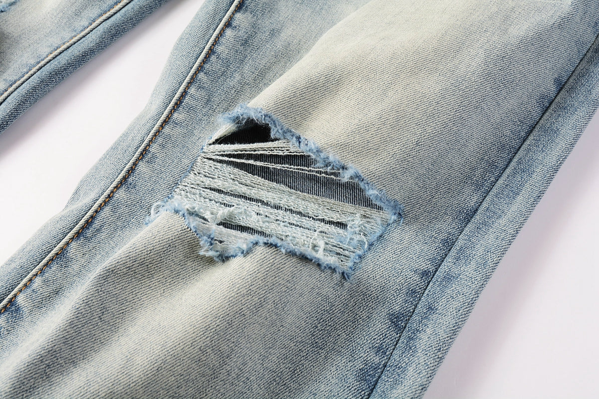 PURPLE Men Streetwear Skinny Jeans Light Blue Wash with Subtle White Pattern Wash 9013