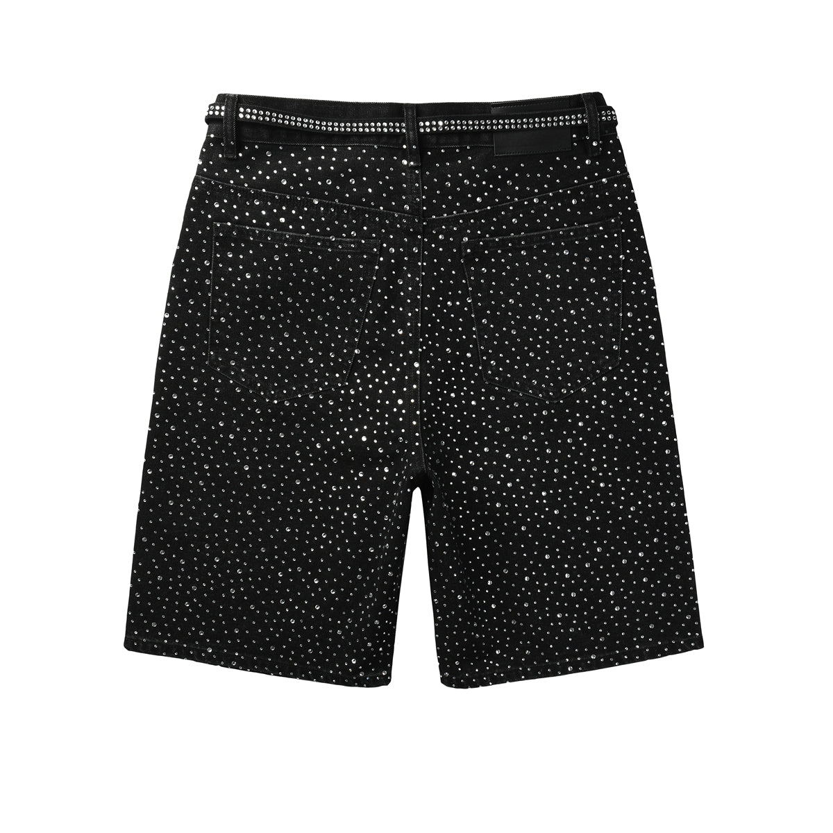 PURPLE Men Streetwear Black Denim Shorts with Allover Rhinestone Studs and Zipper Details 5095