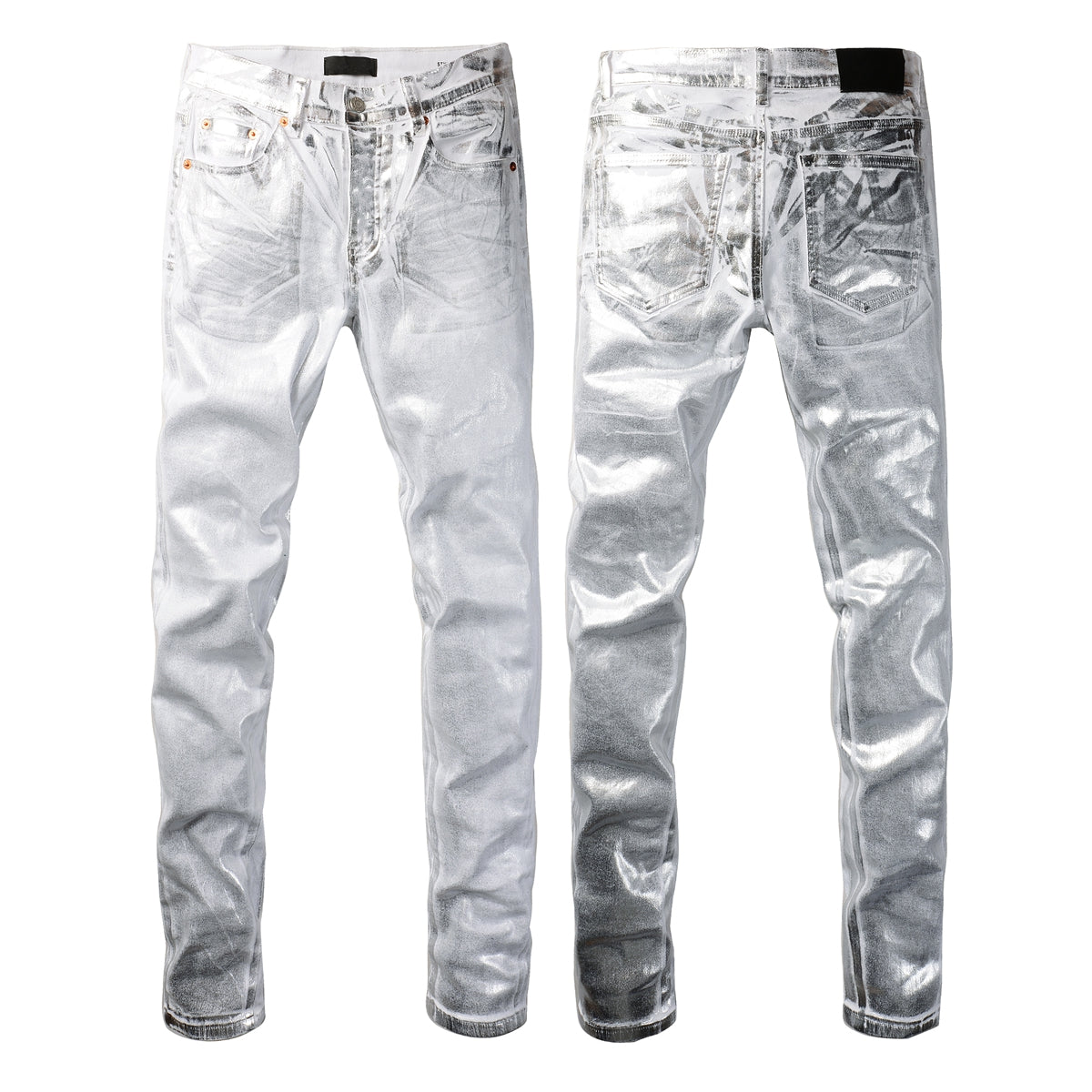 PURPLE Men Streetwear Jeans Metallic Silver Coated Finish with Futuristic Shine Skinny Fit Statement 9110