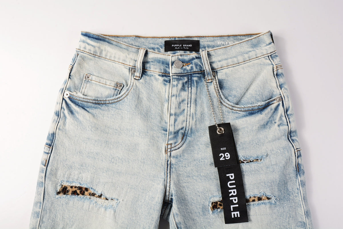 PURPLE Men Streetwear Denim Shorts Light Blue Wash with Leopard Print Patched Rips 5087