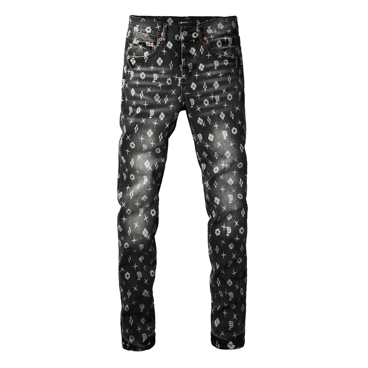 PURPLE Men Classic Street Skinny Jeans Dark Grey Monogram Print All Over Distressed Style 9112