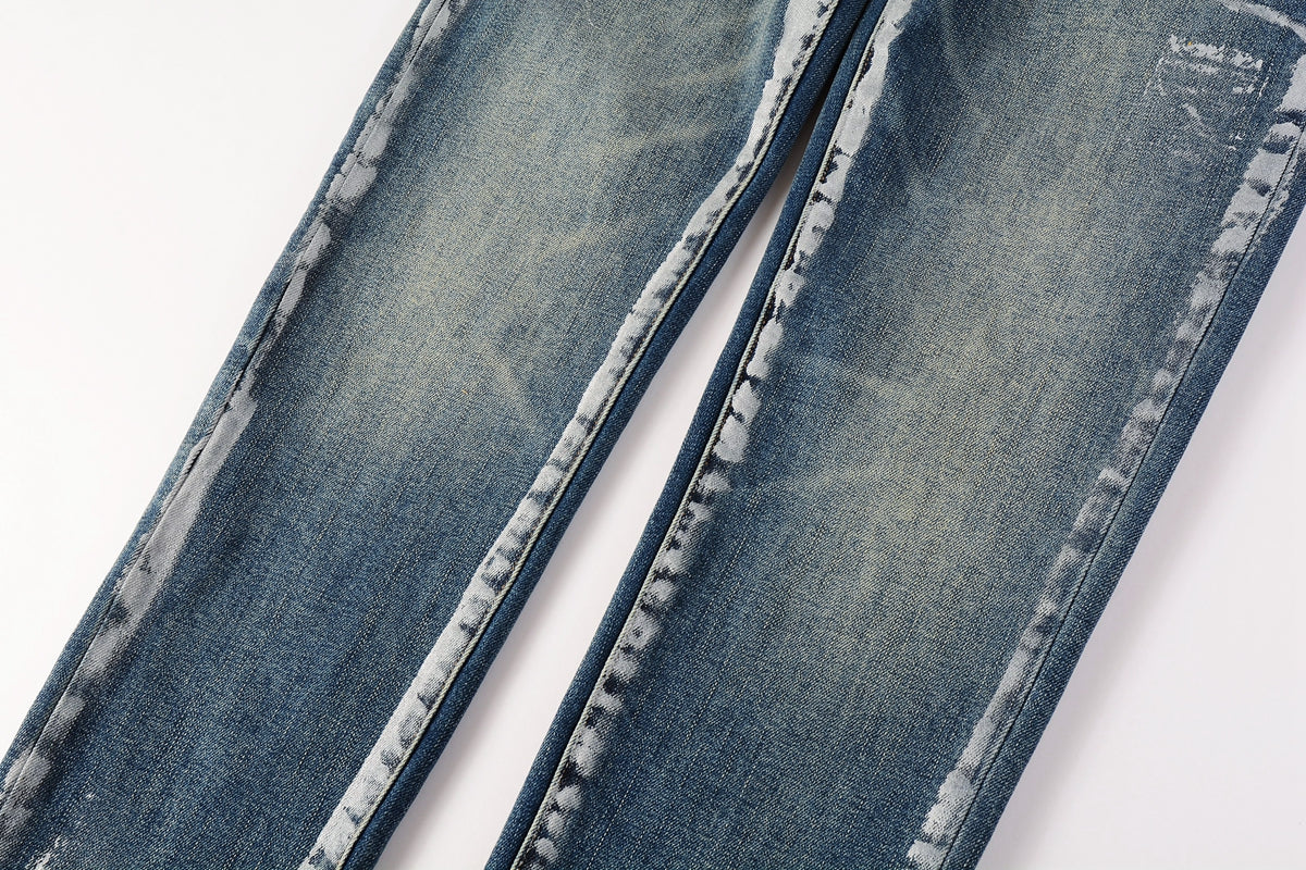 PURPLE Men Streetwear Skinny Jeans Dark Blue Wash with White Brushstroke Distress 9040