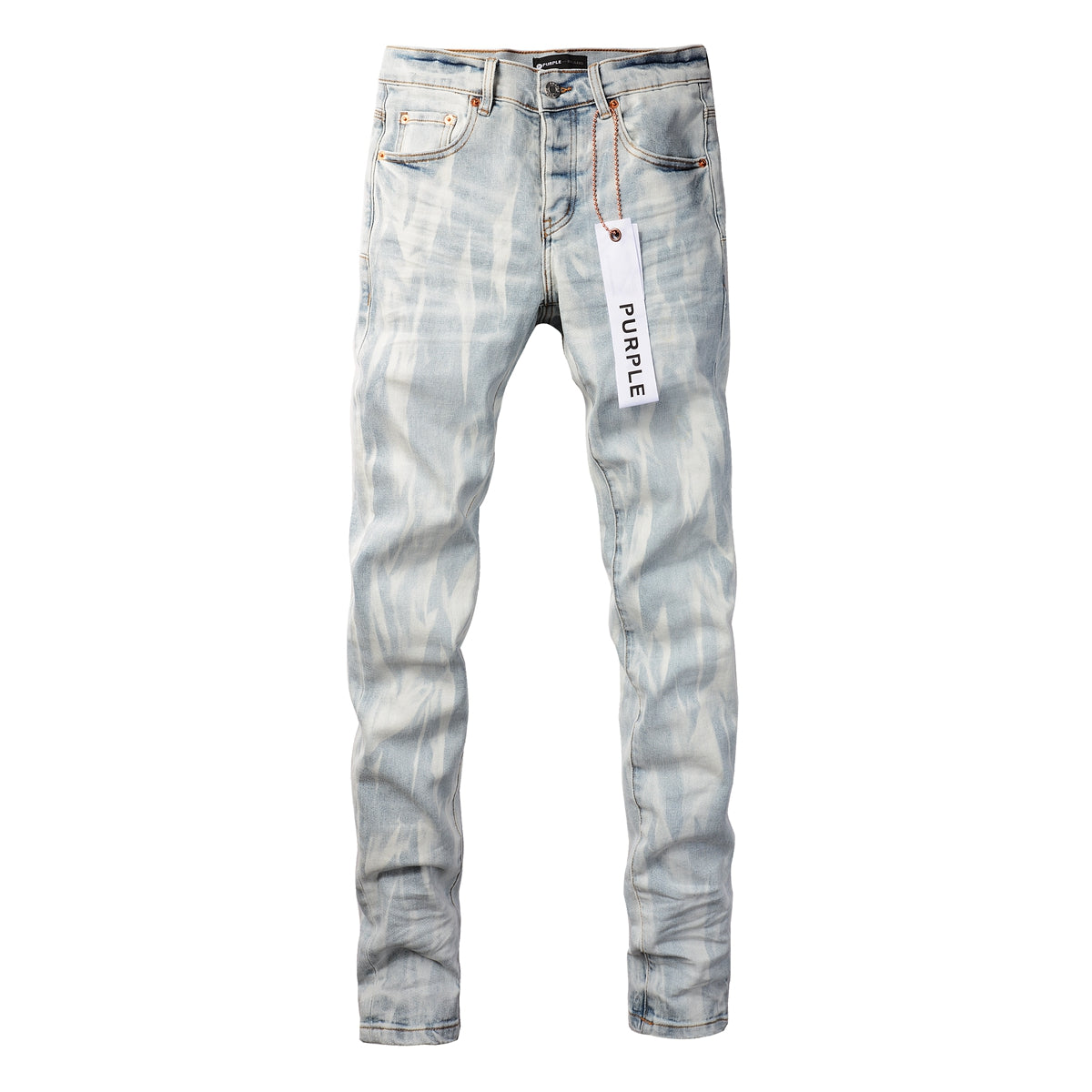 PURPLE Men Streetwear Skinny Jeans Light Blue Wash with White Brushstroke Texture 7017