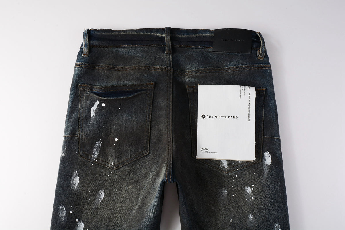 PURPLE Men Streetwear Skinny Jeans Dark Gray Wash with White Paint Splatter and Brush Strokes 9036