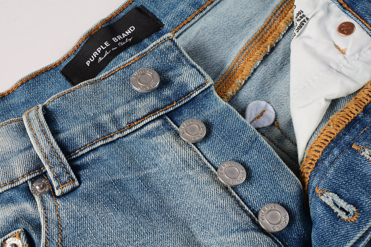 PURPLE Men Streetwear Denim Shorts Light Blue Wash with Raw Hem and Vintage Finish 5016