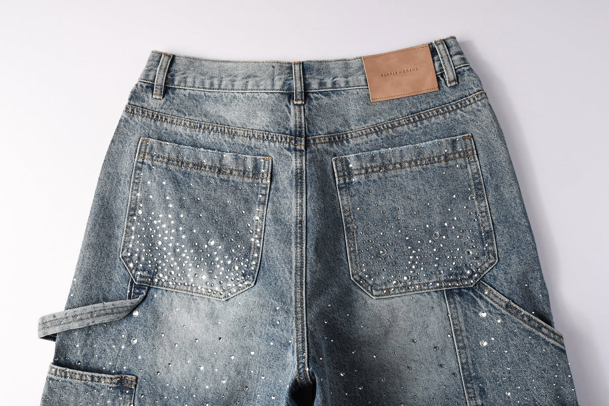 PURPLE Men Streetwear Cargo Denim Shorts Light Blue Wash with Rhinestone Embellishment and Distressed Details 5097