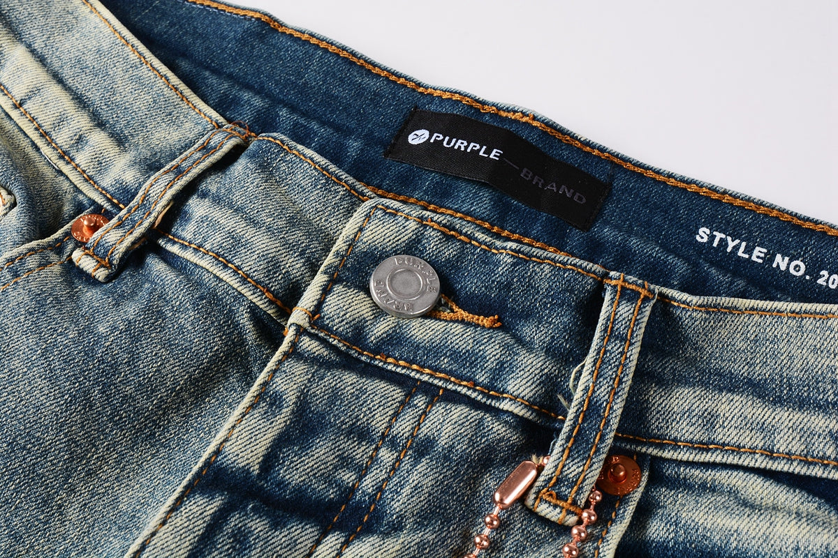 PURPLE Men Streetwear Skinny Jeans Light Blue Wash with Blue Patched Rips and White Paint Splatter 9050-1