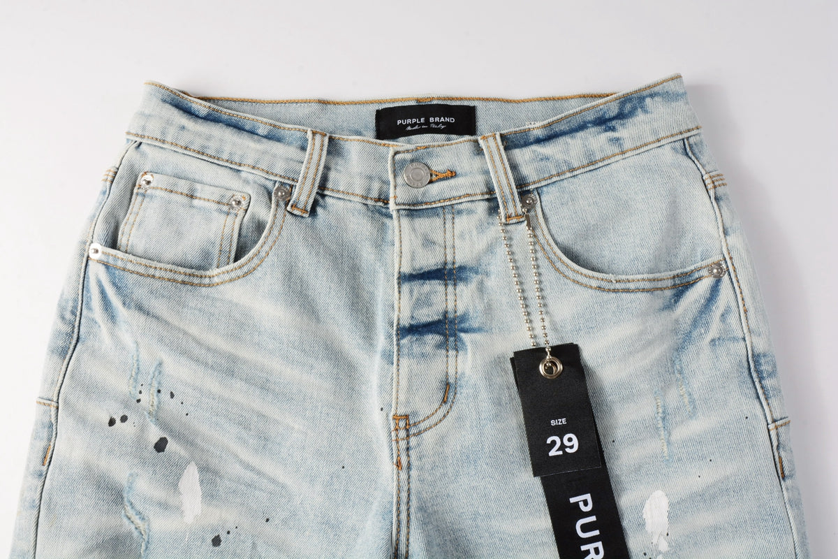 PURPLE Men Streetwear Denim Shorts Light Blue Wash with White Paint Splatters and Distressed Raw Hem 5006