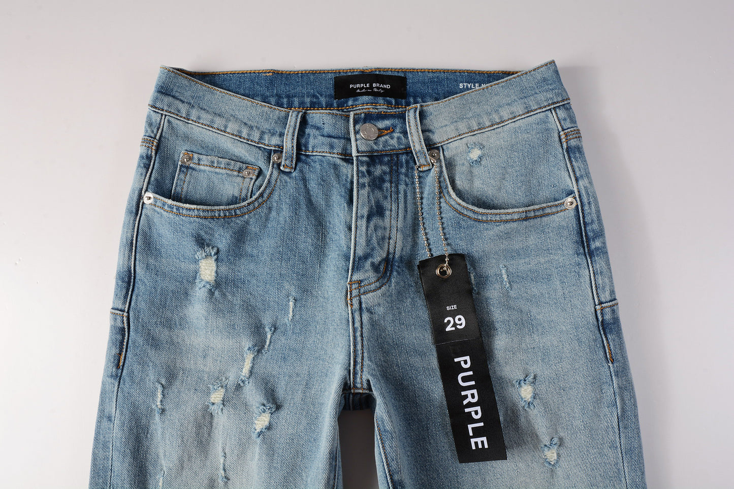 PURPLE Men Streetwear Skinny Jeans Light Blue Wash with Subtle Distressed Ripped Details 9075