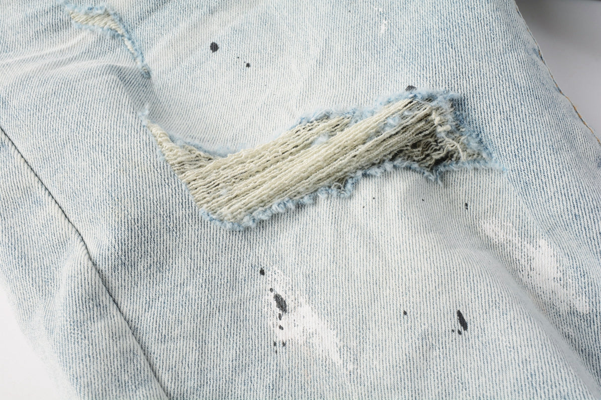 PURPLE Men Streetwear Denim Shorts Light Blue Wash with White Paint Splatters and Distressed Raw Hem 5006