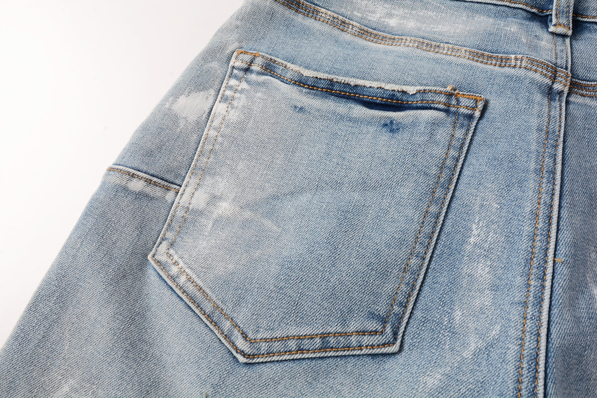 PURPLE Men Streetwear Light Blue Denim Shorts with Vintage Wash and Raw Hem Finish 5091