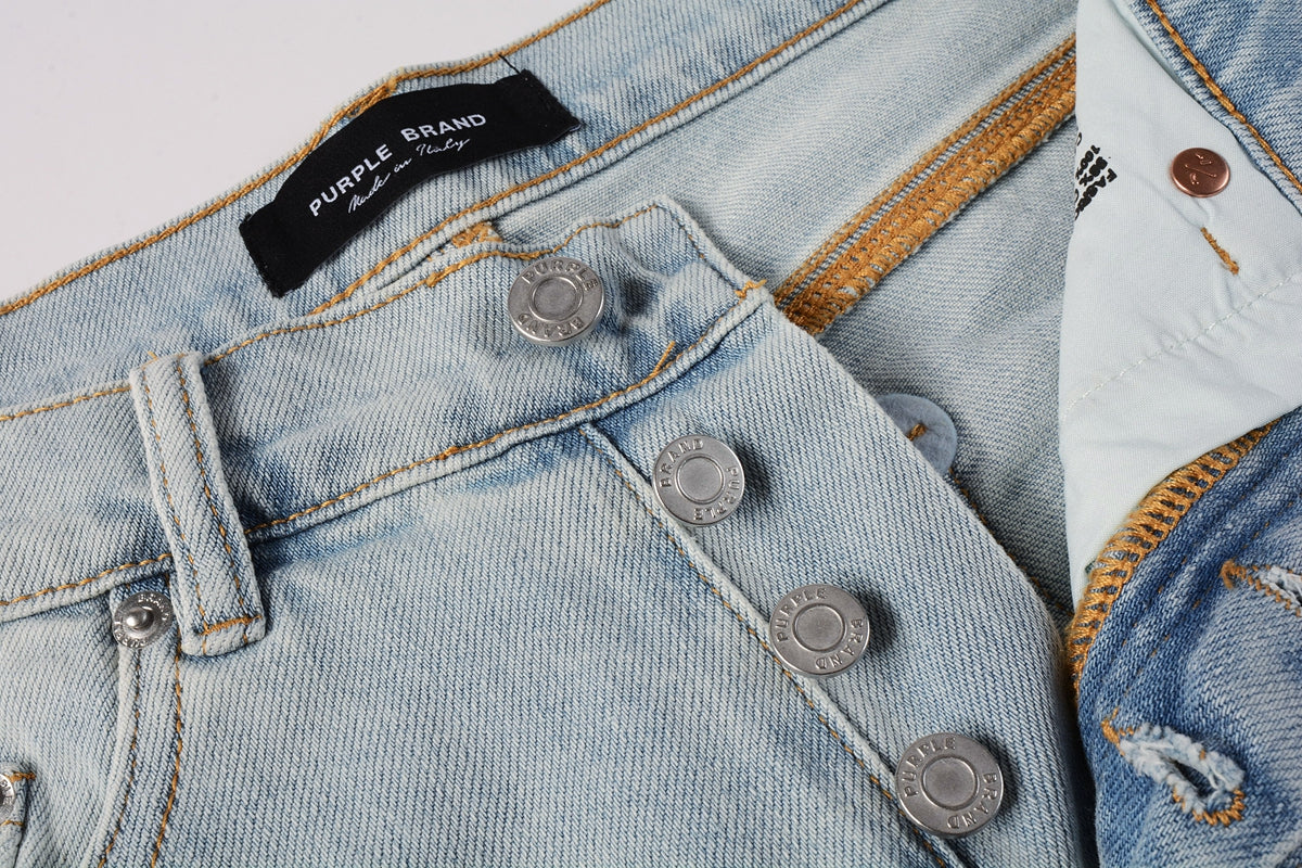 PURPLE Men Streetwear Denim Shorts Light Blue Wash with Side Zipper and Distressed Raw Hem 5086