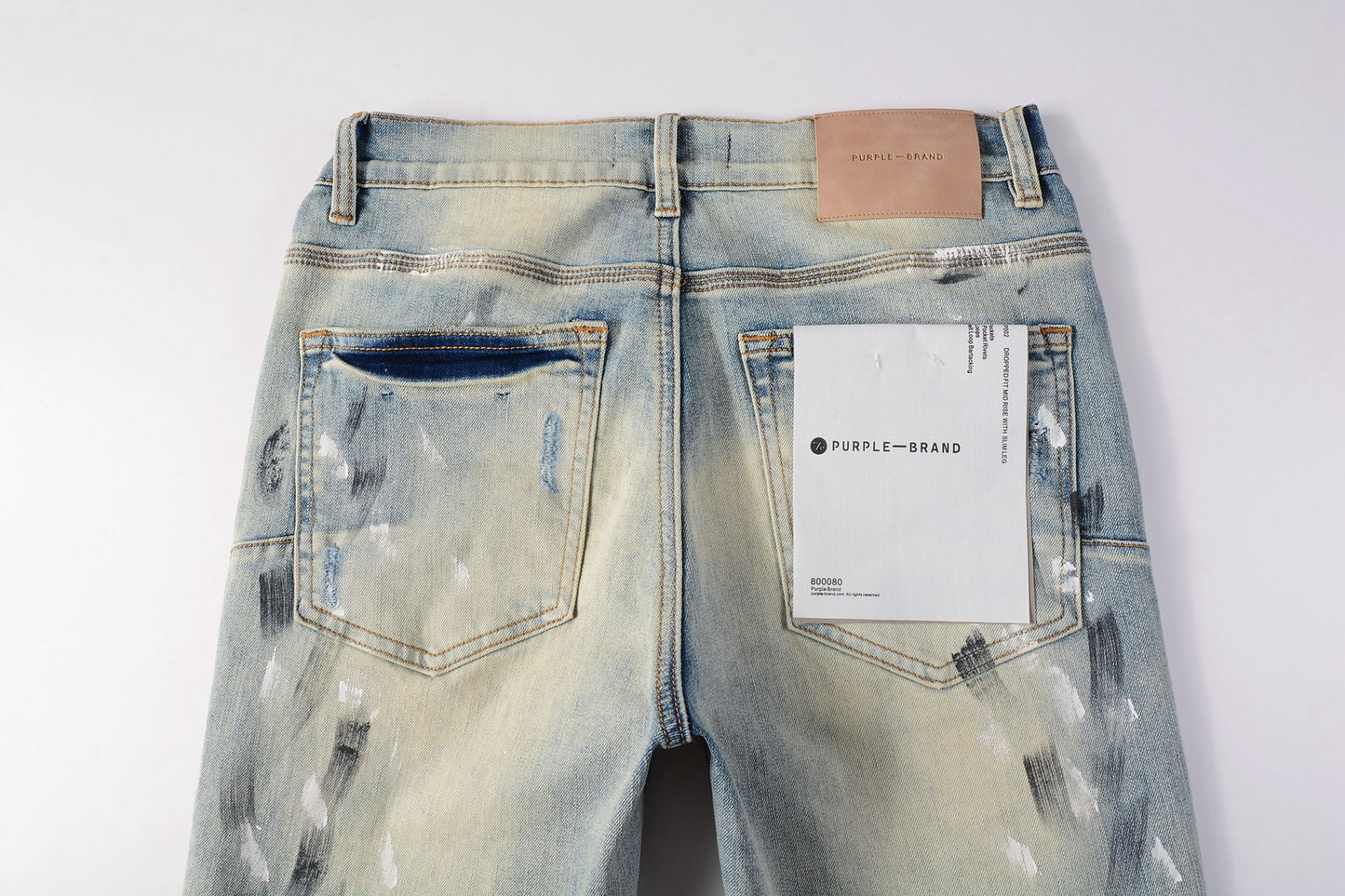 PURPLE Men Streetwear Skinny Jeans Light Blue Wash with White Paint Splatter and Distressed Rips 9007