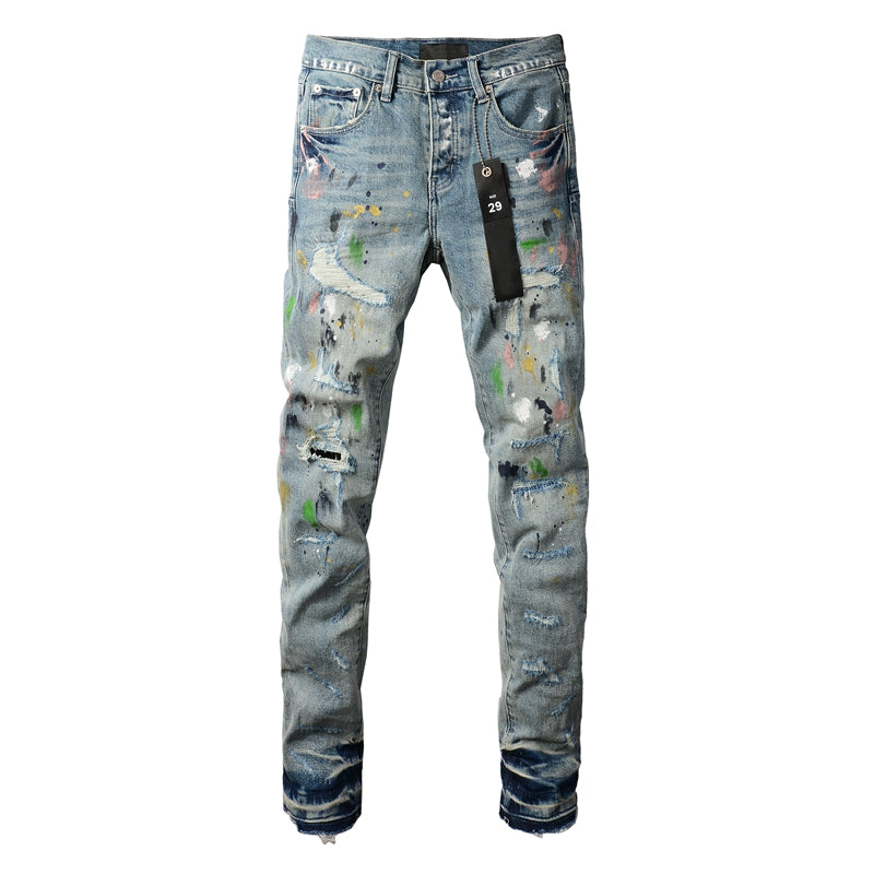 PURPLE Men Streetwear Skinny Jeans Light Blue Wash with Multi-Color Paint Splatter and Distressed Rips 9072