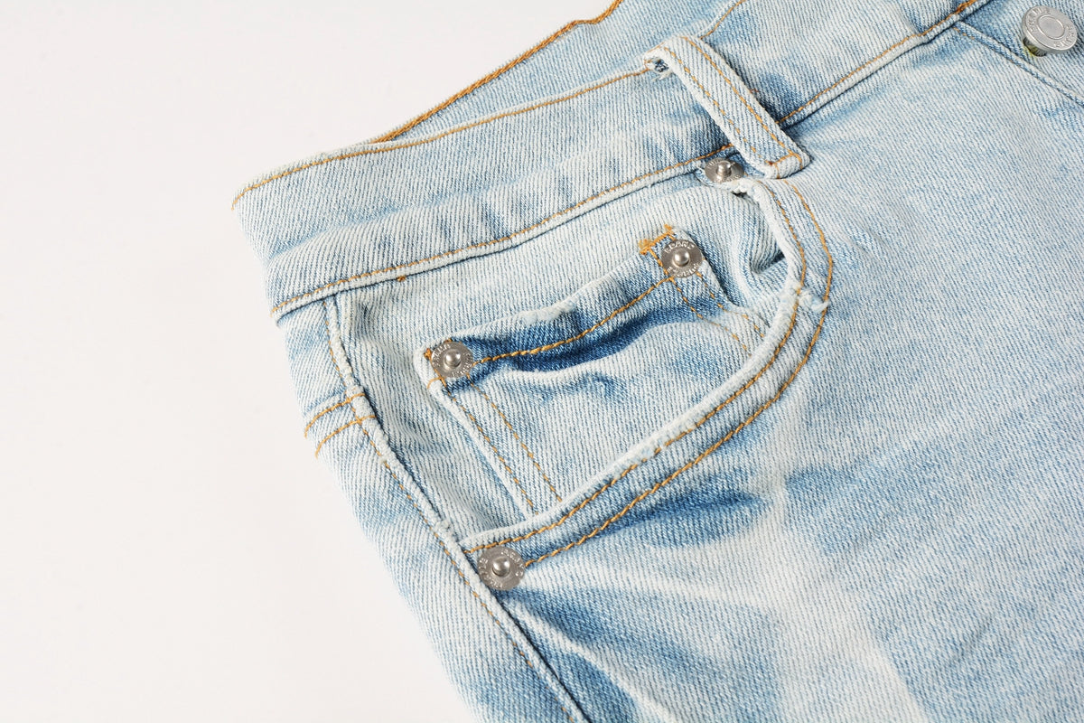 PURPLE Men Streetwear Denim Shorts Light Blue Wash with White Distressed Patches and Raw Hem 5069