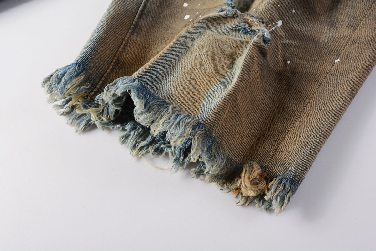 PURPLE Men Streetwear Denim Shorts Brownish Wash with White Paint Splashes and Distressed Raw Hem 5012