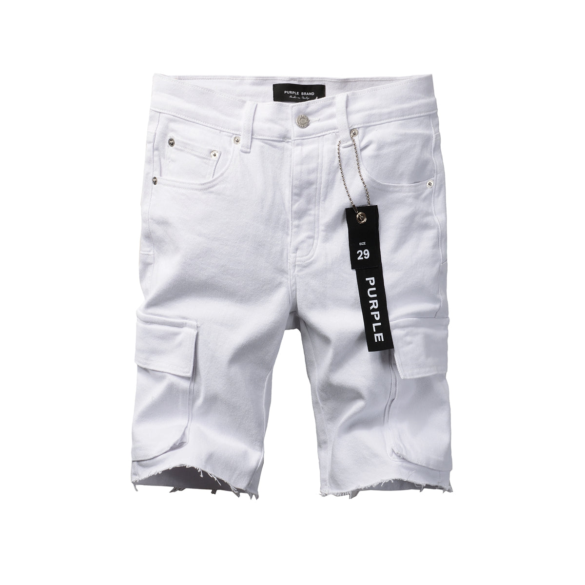 PURPLE Men Streetwear White Cargo Denim Shorts with Multiple Pockets and Raw Hem 5082