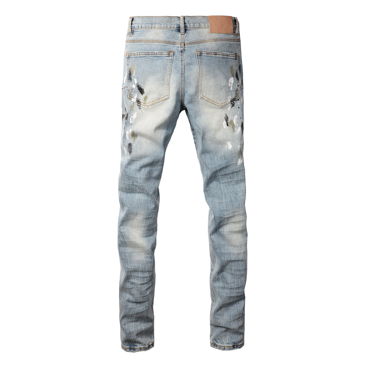PURPLE Men Streetwear Jeans Light Blue Paint Splash Distressed Ripped skinny 9100