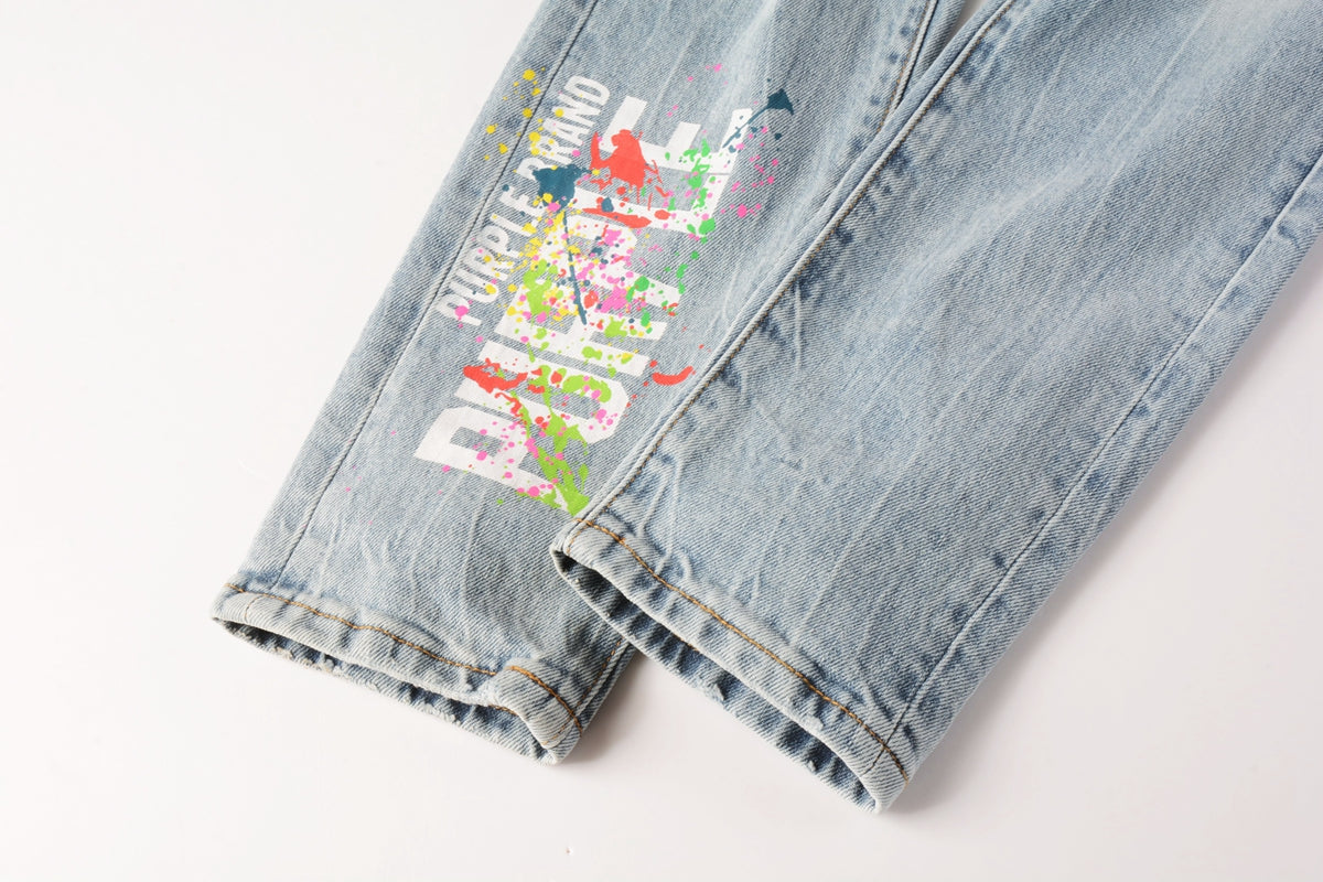 PURPLE Men Streetwear Jeans Light Blue Ripped Graffiti Print Distressed skinny 9101