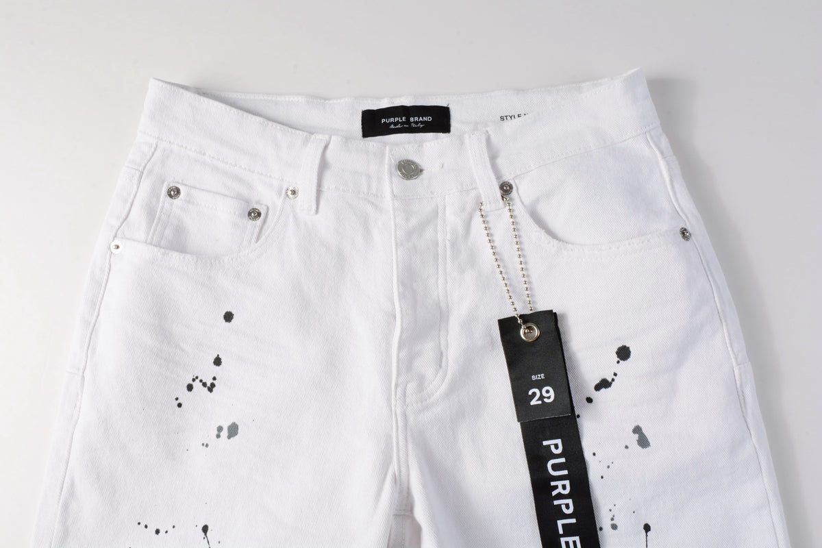 PURPLE Men Streetwear Denim Shorts White Wash with Black Paint Splatter Print and Raw Hem 5021