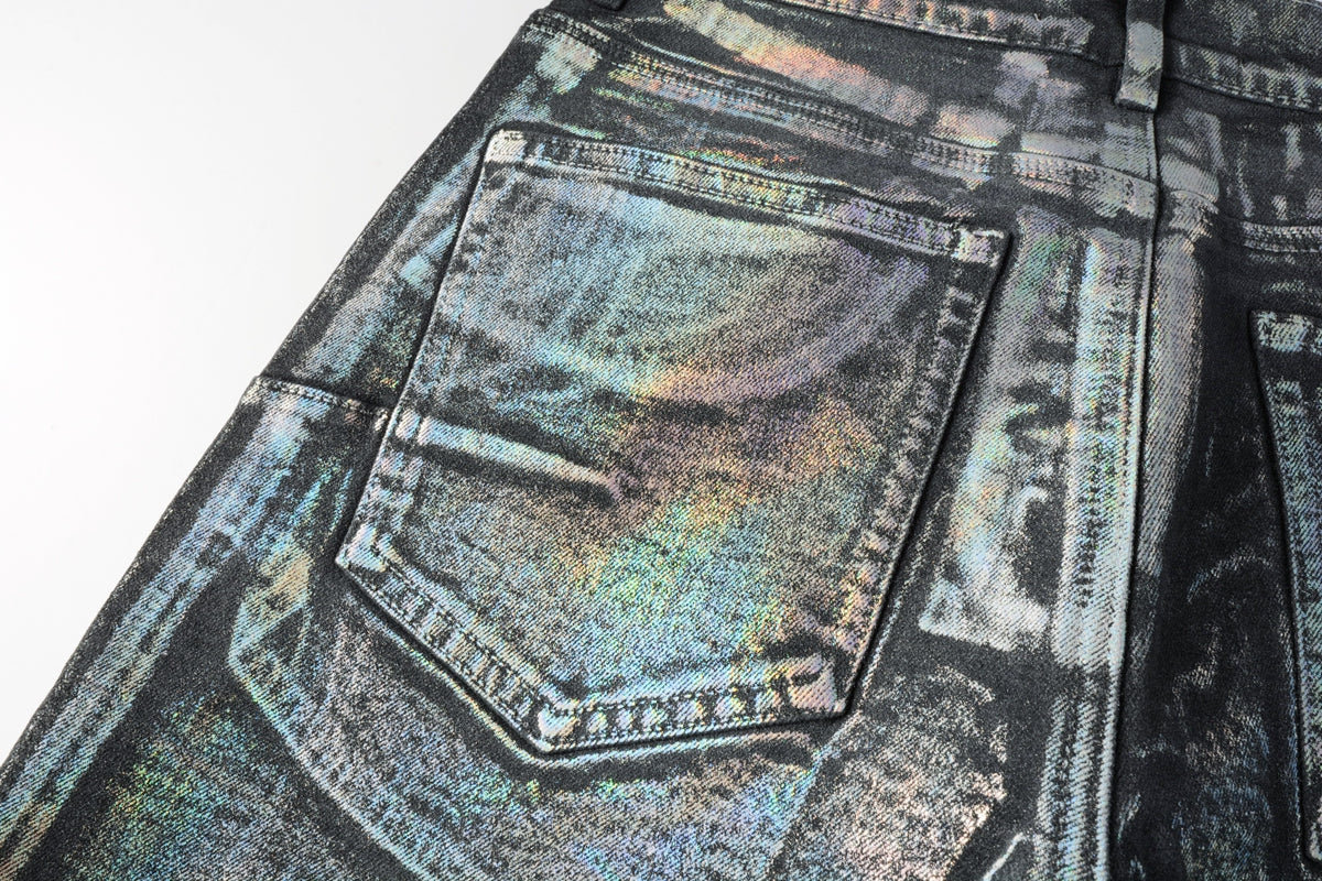 PURPLE Men Streetwear Denim Shorts Black Wash with Holographic Reflective Finish and Raw Hem 5028
