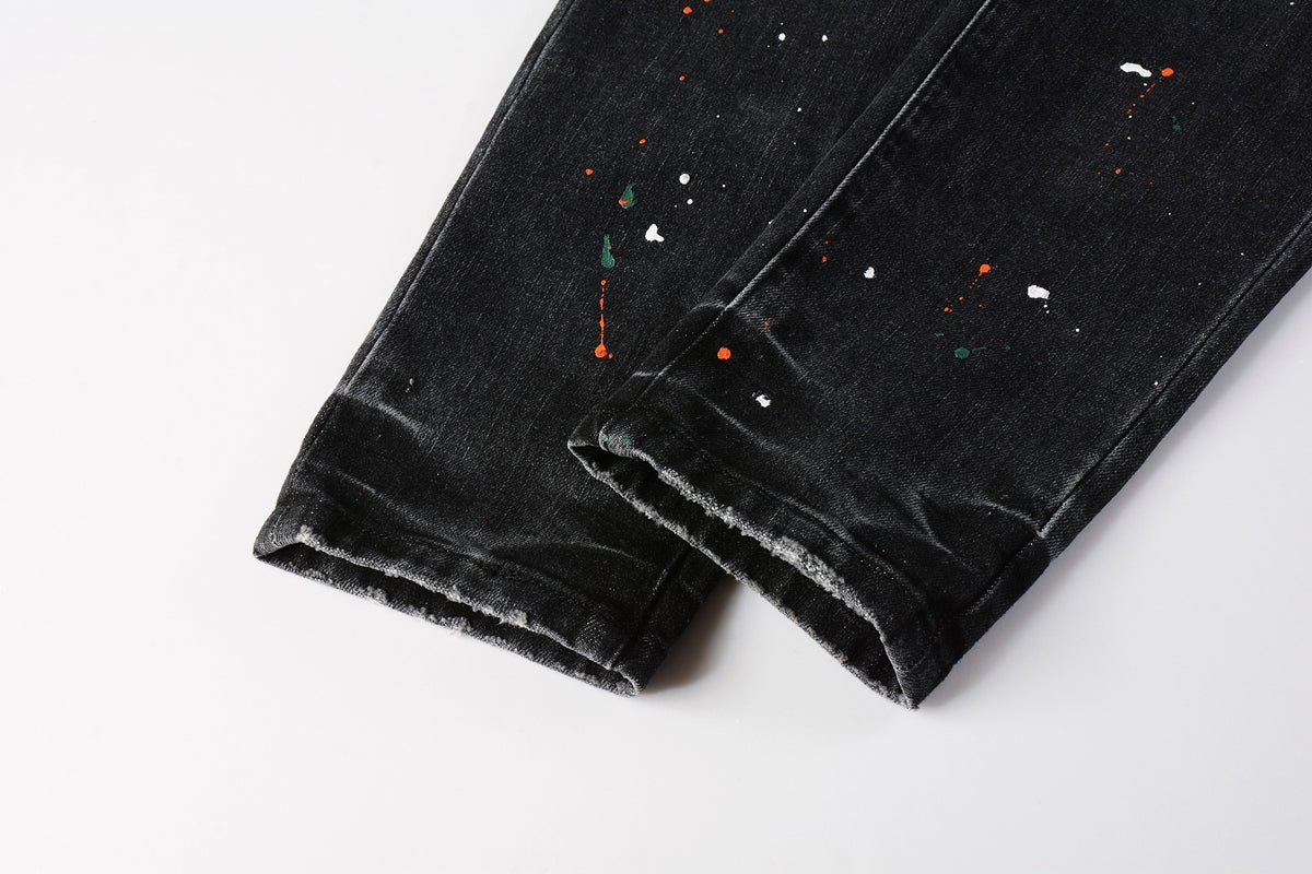 PURPLE Men Streetwear Skinny Jeans Dark Gray Wash with Distressed Rips and Multi-Color Paint Splatter 9018