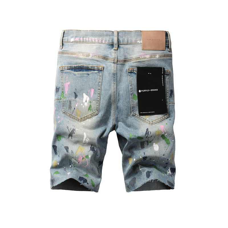 PURPLE Men Streetwear Denim Shorts Light Blue Wash with Colorful Paint Splashes and Distressed Raw Hem 5066