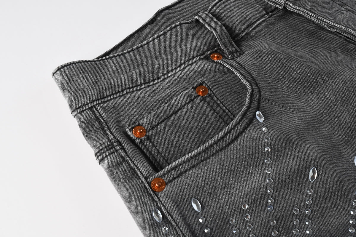 PURPLE Men Streetwear Grey Denim Shorts with Radial Rhinestone Burst Patterns 5094