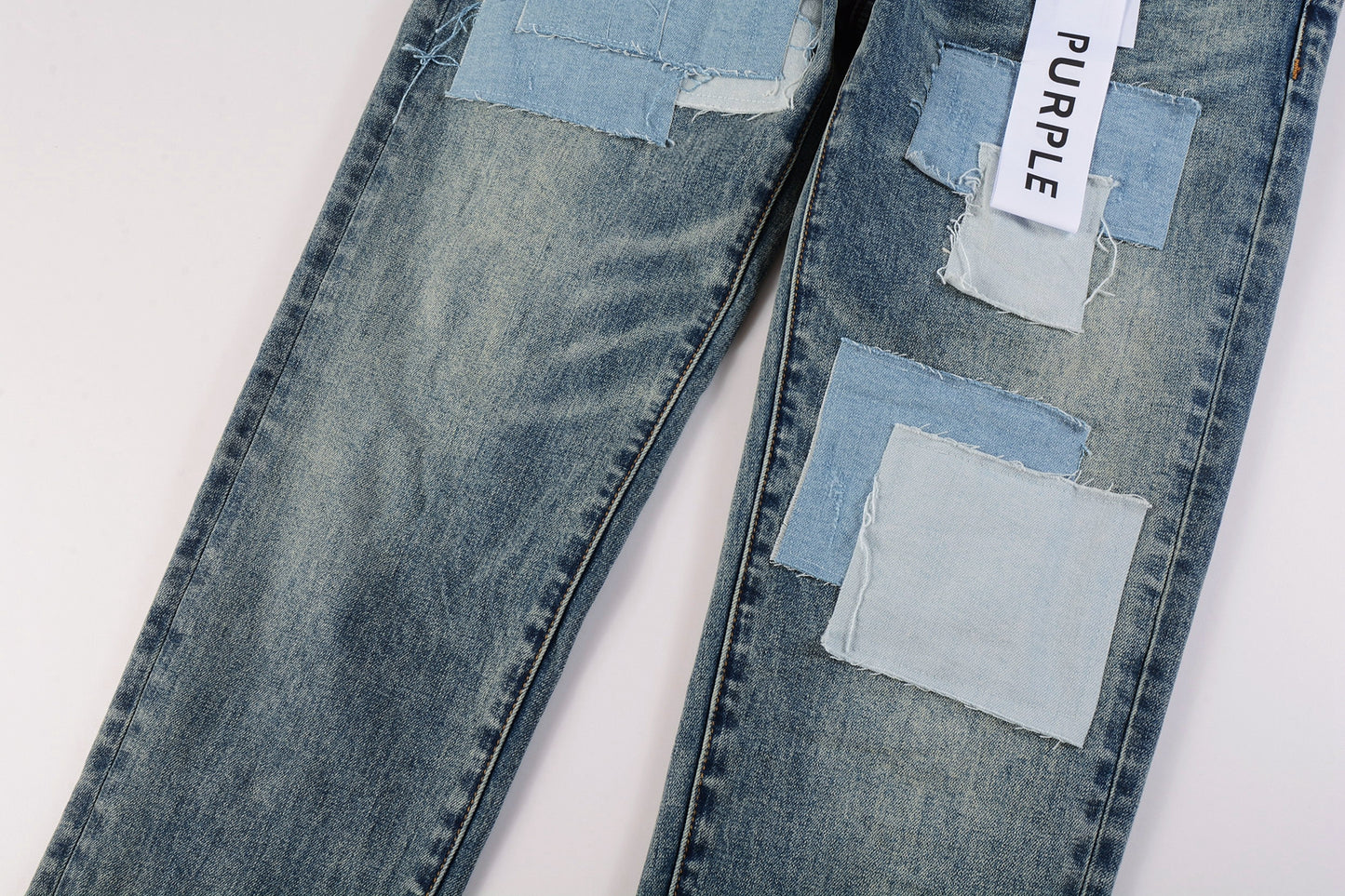 PURPLE Men Streetwear Skinny Jeans Light Blue Wash with Patchwork Distressed Details 9015