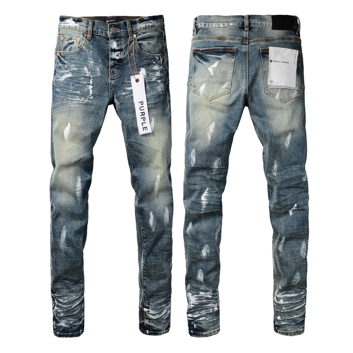 PURPLE Men Streetwear Skinny Jeans Light Blue Wash with White Paint Brush Strokes 9060