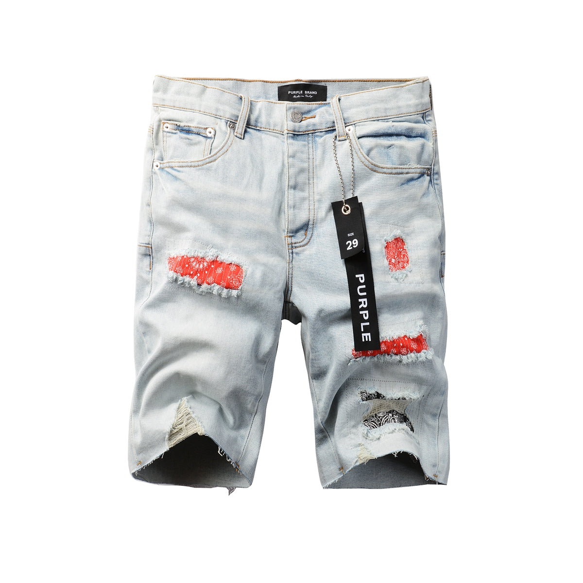 PURPLE Men Streetwear Denim Shorts Light Blue Wash with Colorful Patched Rips and Raw Hem 5067