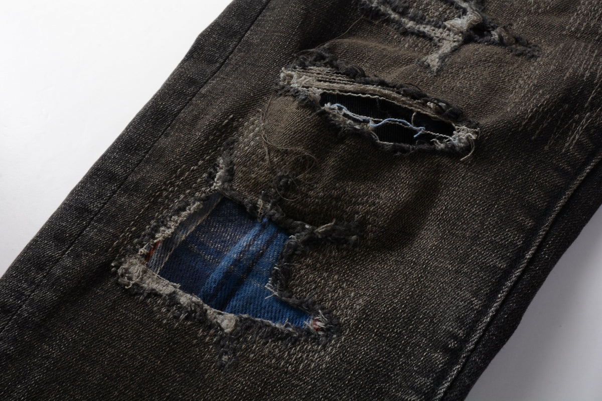 PURPLE Men Streetwear Skinny Jeans Dark Gray Wash with Multi - Color Patched Distressed Details 9080