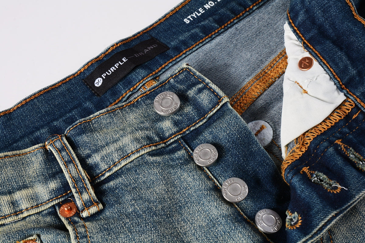 PURPLE Men Streetwear Skinny Jeans Light Blue Wash with Blue Patched Rips and White Paint Splatter 9050-1