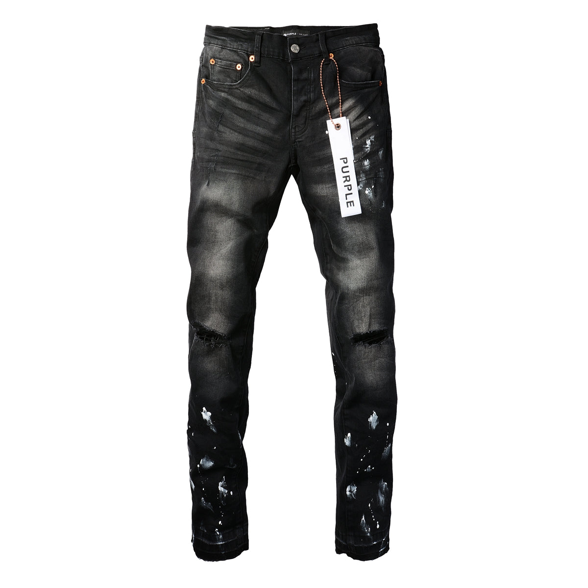 PURPLE Men Streetwear Skinny Jeans Black Fade Wash with White Paint Splatter and Distressed Rips 9002