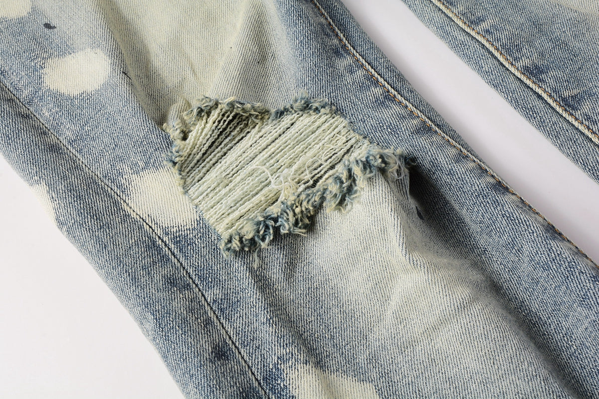 PURPLE Men Streetwear Jeans Distressed Light Blue Paint Dot Ripped skinny 9092
