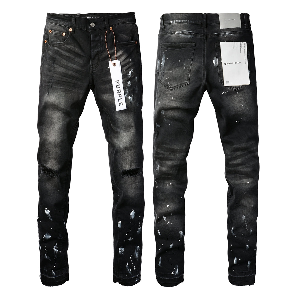 PURPLE Men Streetwear Skinny Jeans Black Fade Wash with White Paint Splatter and Distressed Rips 9002