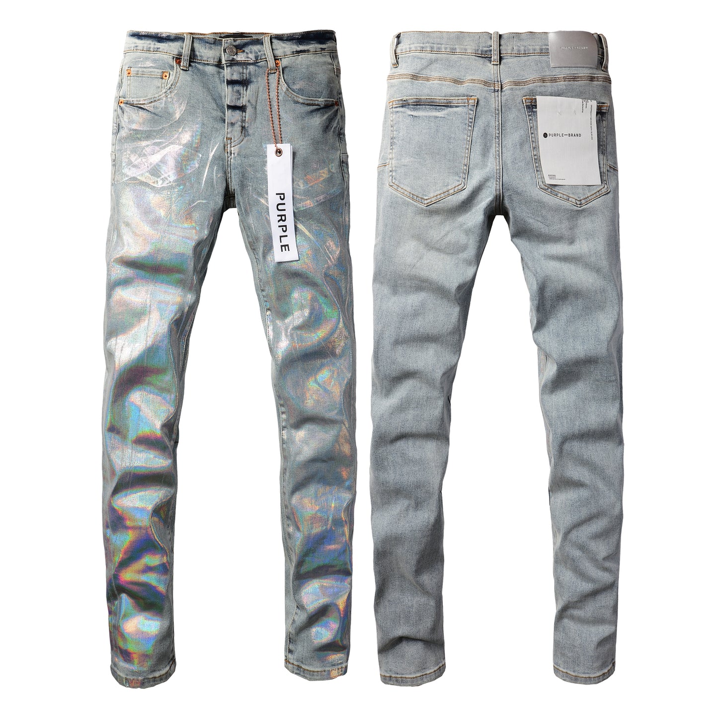PURPLE Men Streetwear Skinny Jeans Light Blue Wash with Holographic Iridescent Finish 9005
