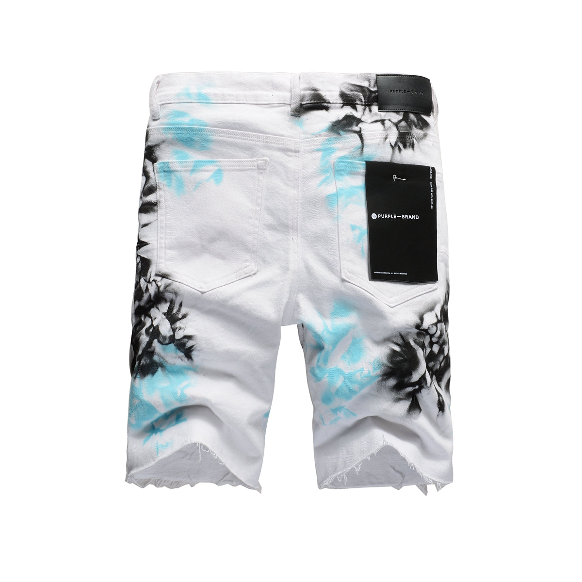 PURPLE Men Streetwear Denim Shorts White Wash with Blue - Black Ink Floral Print and Raw Hem 5065