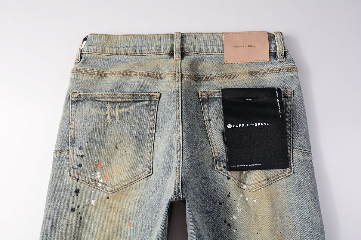 PURPLE Men Streetwear Skinny Jeans Light Gray Wash with Multi-Color Paint Splatter and Distressed Patches 9071