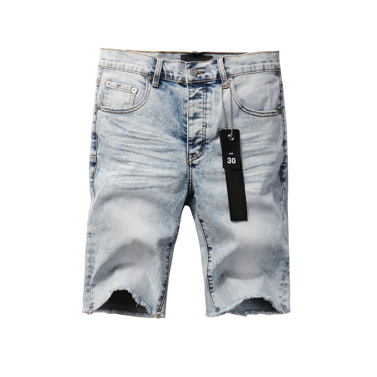 PURPLE Men Streetwear Denim Shorts Light Blue Wash with Vintage Distressed Raw Hem 5053