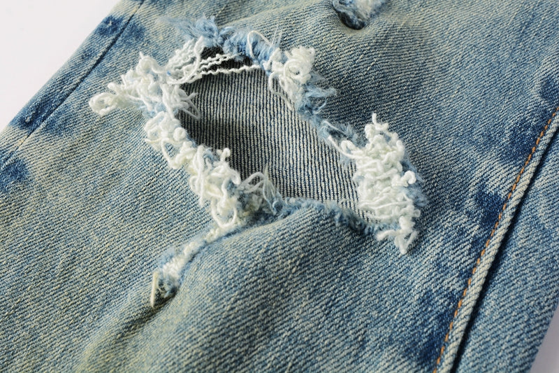 PURPLE Men Streetwear Skinny Jeans Light Blue Wash with Distressed Ripped Knee Details 9076