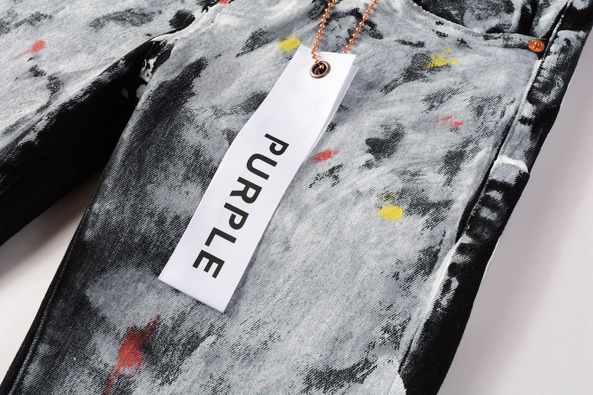 PURPLE Men Streetwear Skinny Jeans Black and White Graffiti Wash with Multi - Color Paint Accents 9020
