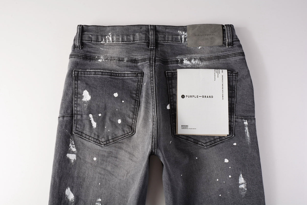 PURPLE Men Streetwear Skinny Jeans Dark Gray Wash with Knee Rips and White Paint Splatter 9039