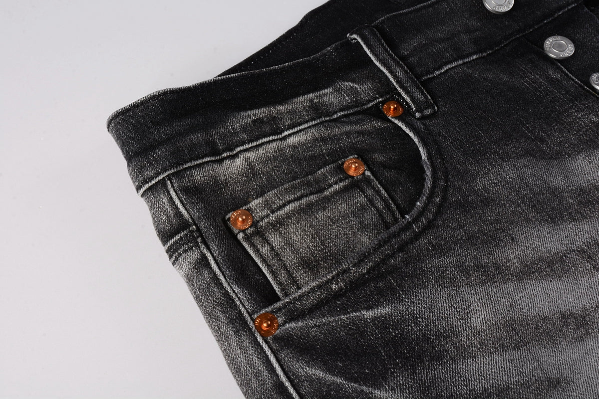 PURPLE Men Streetwear Skinny Jeans Dark Gray Wash with White Paint Splatter and Distressed Rips 9032