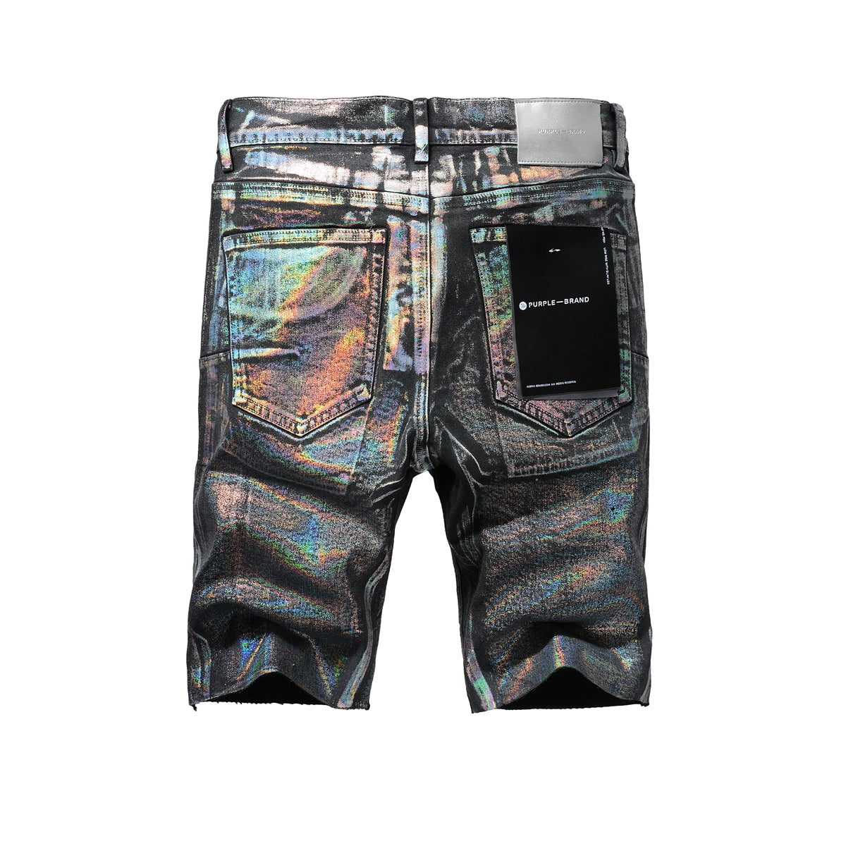 PURPLE Men Streetwear Denim Shorts Black Wash with Holographic Reflective Finish and Raw Hem 5028