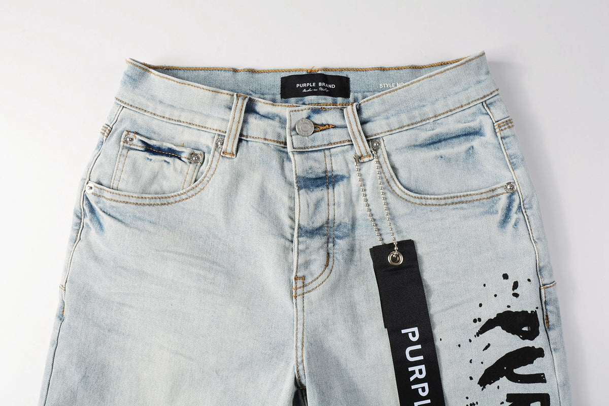 PURPLE Men Streetwear Denim Shorts Light Blue Wash with Black Paint Streak Print and Raw Hem 5048