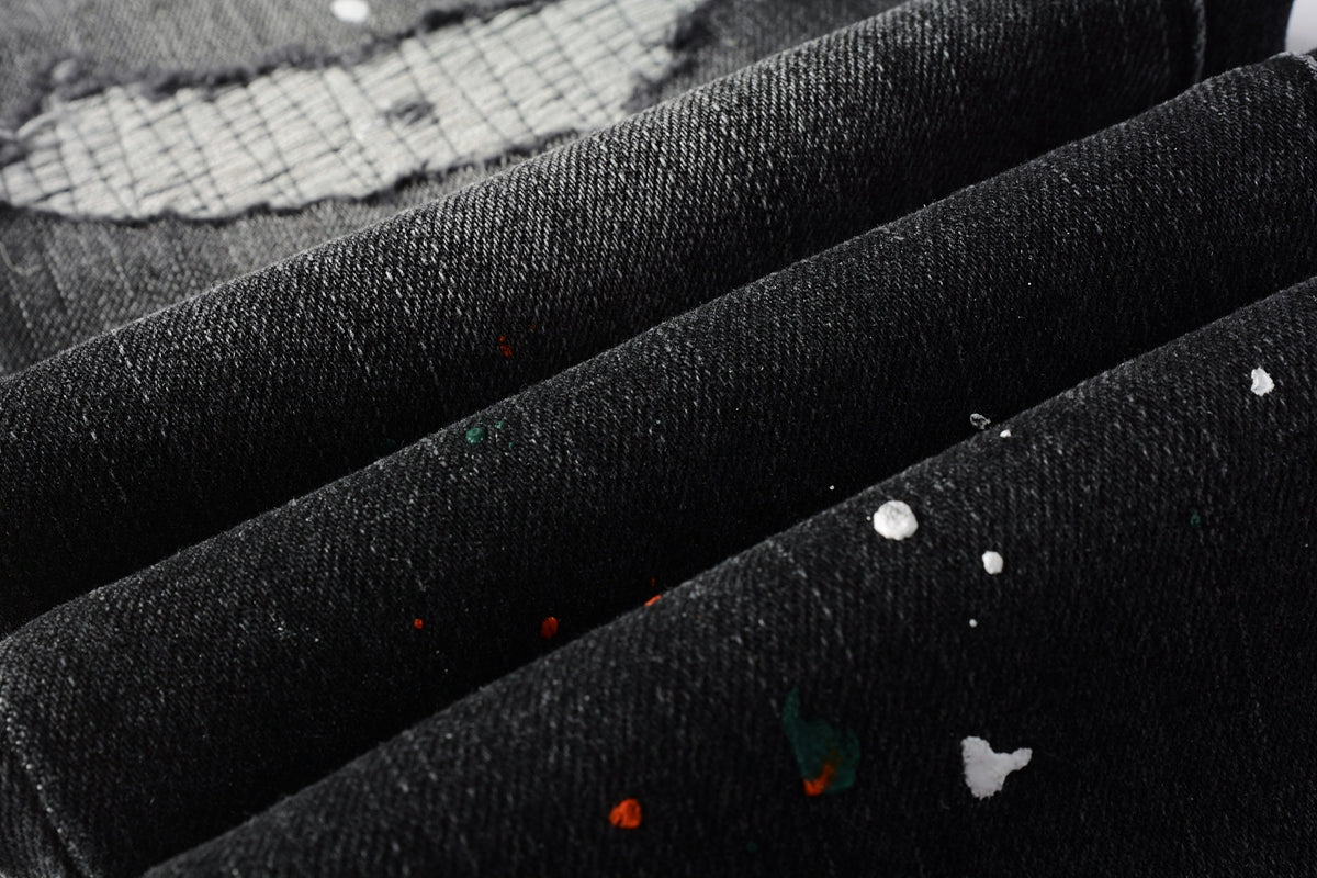 PURPLE Men Streetwear Skinny Jeans Dark Gray Wash with Distressed Rips and Multi-Color Paint Splatter 9018