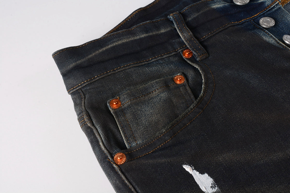 PURPLE Men Streetwear Skinny Jeans Dark Gray Wash with White Paint Splatter and Brush Strokes 9036