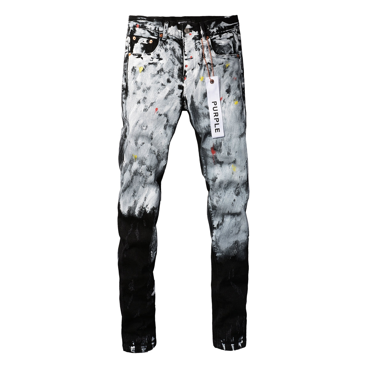PURPLE Men Streetwear Skinny Jeans Black and White Graffiti Wash with Multi - Color Paint Accents 9020